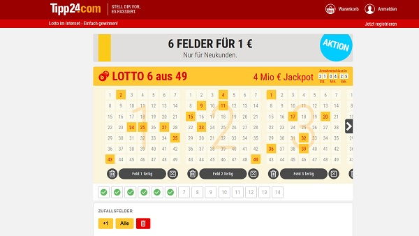 Tipp24 Aktion 6 Lottokästchen 1 Euro