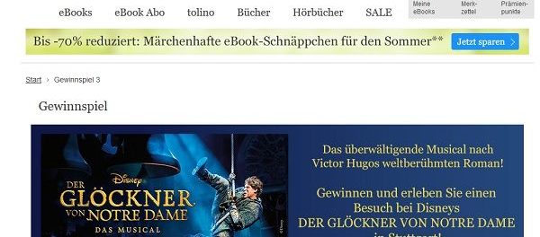 eBook.de Gewinnspiel Der Gl&ouml;ckner von Notre Dame Stuttgart Reise