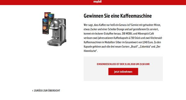Deutsche Bahn Mobil Gewinnspiel KitchenAid Kaffeemaschine