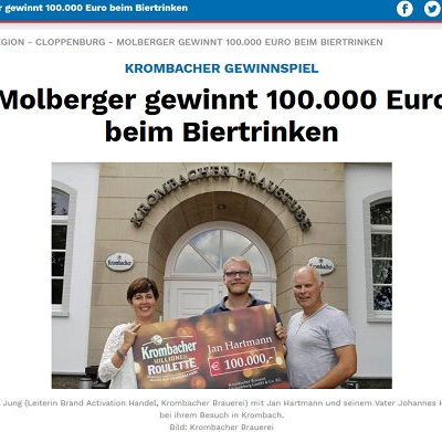 Krombacher Millionen Roulette Gewinnspiel 100.000 Euro Gewinner