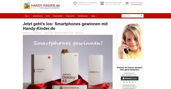 Smartphone Gewinnspiel Handy-Kinder.de Samsung und Huawei Handys