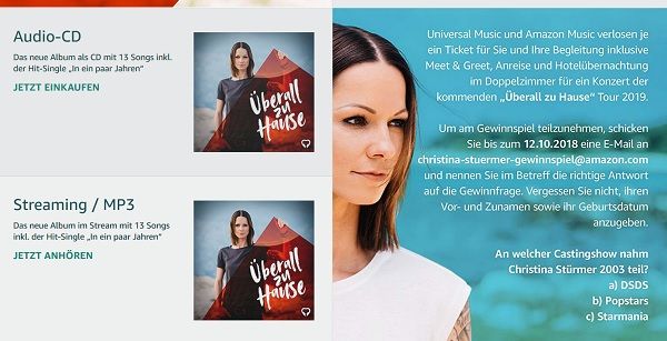 Amazon Gewinnspiel Christina Stürmer Konzertbesuch Anreise Übernachtung