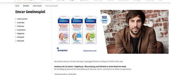 Müller und Emcur Gewinnspiel Max Giesinger Konzertbesuch und Übernachtung