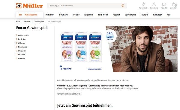Müller und Emcur Gewinnspiel Max Giesinger Konzertbesuch und Übernachtung
