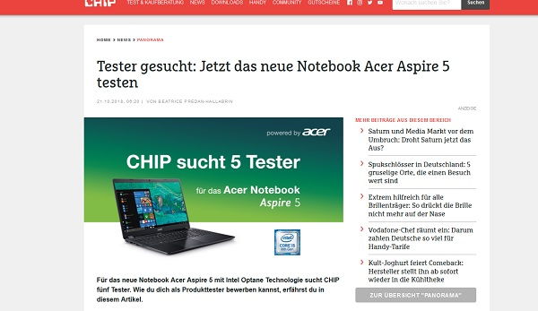 Acer Aspire Notebook Gewinnspiel bei Chip.de