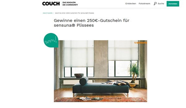 Couch Magazin Gewinnspiele 250 Euro sensuna Plissees Gutschein