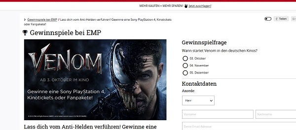 EMP Gewinnspiel Sony PS 4 und Kinokarten Venom