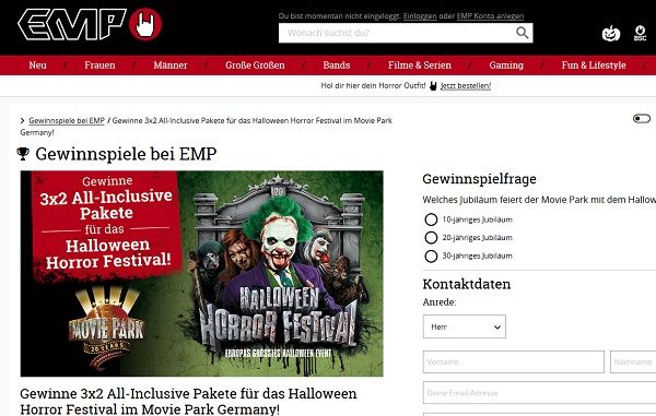 EMP Versand Gewinnspiel Halloween Horror Festival Movie Park Germany