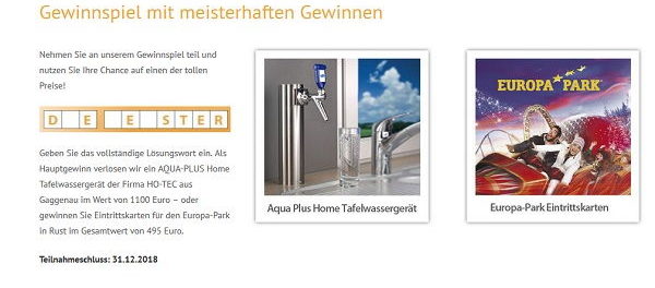 Die Meister sind wir Gewinnspiel Tafelwassergerät und Europa Park