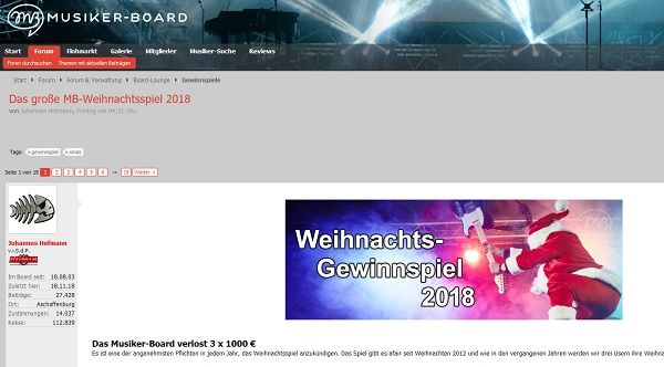 Musiker Board Weihnachts-Gewinnspiel 2018 1.000 Euro Gutscheine