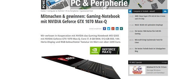 PC Welt Gewinnspiel Gaming-Notebook MSI GS65