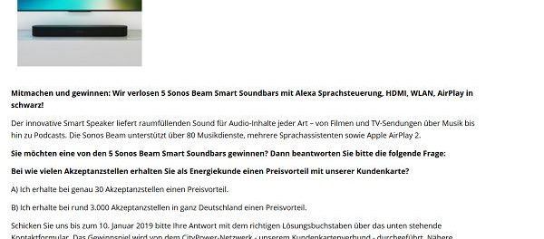 Citypower Gewinnspiel 5 Sonos Beam Smart Soundbars