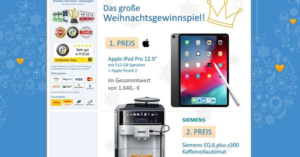 Computeruniverse Weihnachts-Gewinnspiel Apple iPad Pro Kaffeevollautomat