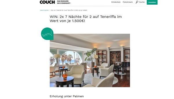 Couchstyle Gewinnspiele Teneriffa Reisen gewinnen