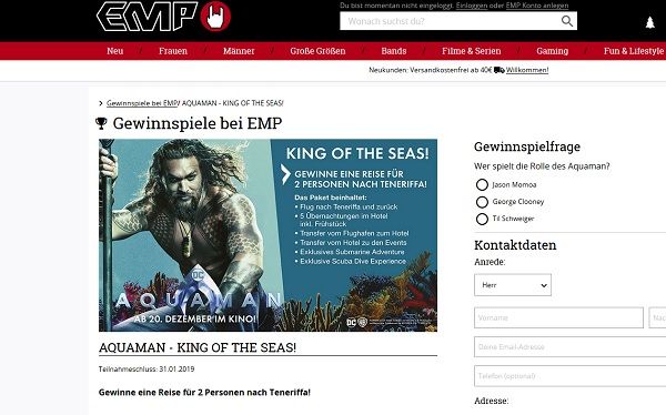 EMP Gewinnspiel Teneriffa Reise gewinnen Aquaman