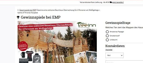 EMP Versand Gewinnspiel Baumhaus Urlaub am Wolfsgehege
