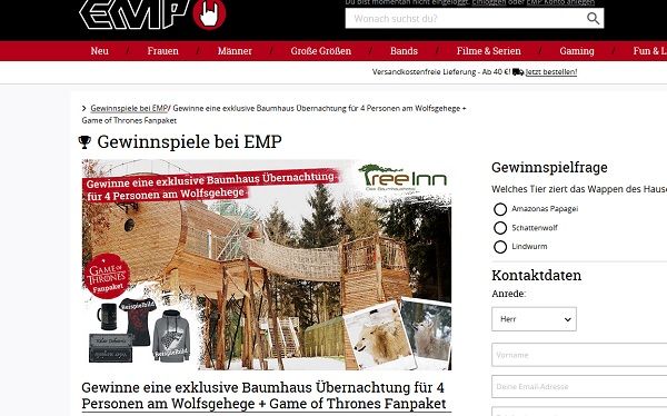 EMP Versand Gewinnspiel Baumhaus Urlaub am Wolfsgehege