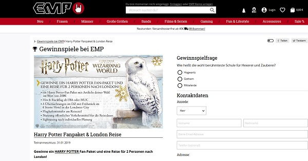 EMP Versand Gewinnspiele Harry Potter London Reise