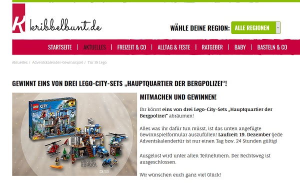 Kribbelbunt Adventskalender Gewinnspiel Lego-City-Sets