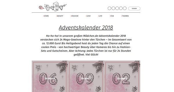 Mädchen.de Adventskalender Gewinnspiel 2018