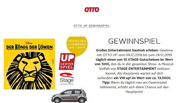 Otto Auto-Gewinnspiel VW UP und täglich 10 Stage Gutscheine