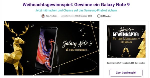 Samsung Galaxy Note 9 Smartphone Gewinnspiel handy.de