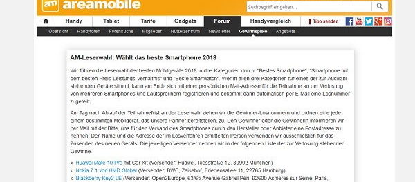 areamobile Gewinnspiel bestes Smartphone Wahl 2018