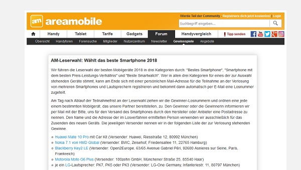 areamobile Gewinnspiel bestes Smartphone Wahl 2018