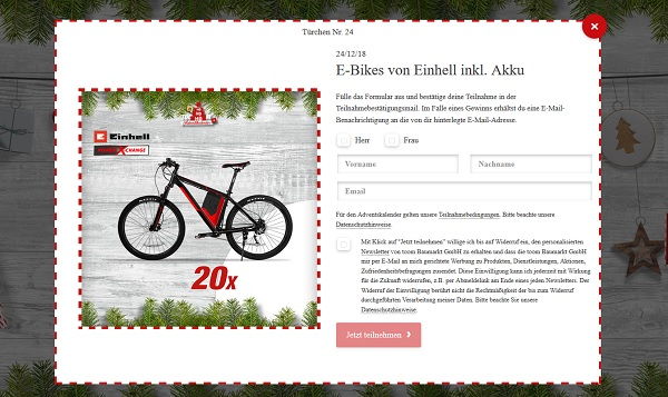toom Baumarkt Adventskalender Gewinnspiel 20 E-Bikes