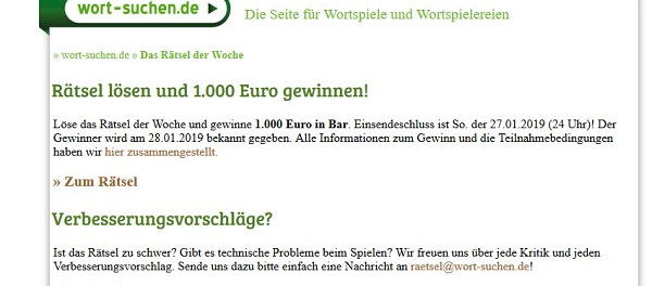 1.000 Euro Bargeld Gewinnspiel Wort-suchen.de Kreuzworträtsel