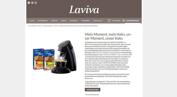 Laviva Gewinnspiele 5 Senseo Kaffeemaschinen und Bahlsen Kekspakete