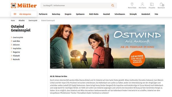 Müller Drogerien Gewinnspiele private Kinovorführung Ostwind