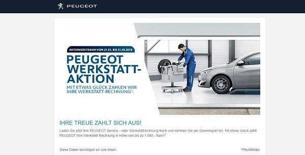 Peugeot Gewinnspiel 1.000 Euro Werkstattkosten Erstattung gewinnen