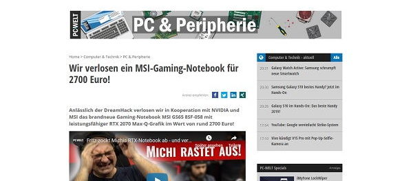 PC Welt Gewinnspiel MSI-Gaming Notebook Wert 2.700 Euro