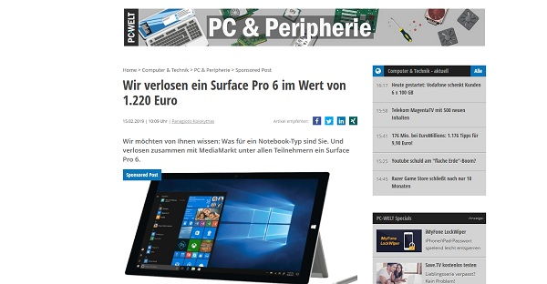 PC Welt Gewinnspiel Surface Pro 6 Notebook