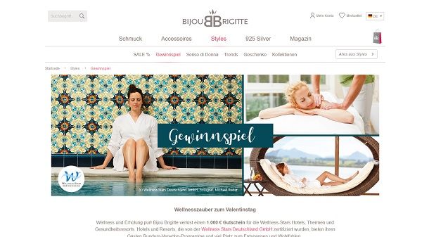 Valentinstag Gewinnspiel Bijou Brigitte 1.000 Euro Wellness-Hotelgutschein