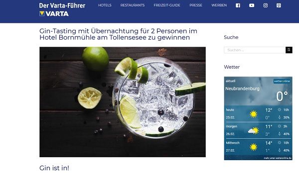 Varta Guide Gewinnspiel Gin-Tasting und Übernachtungen