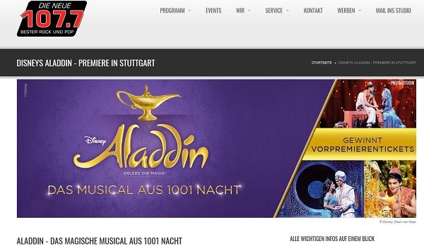 Die neue 107.7 Gewinnspiel Aladin Musical Vorpremierentickets