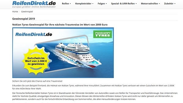 ReifenDirekt Gewinnspiel 2.000 Euro AIDA Reisegutschein