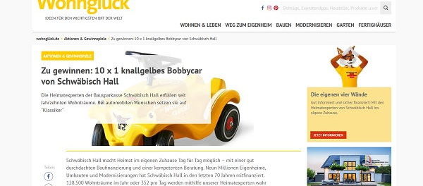 Wohnglück Gewinnspiel 10 gelbe Bobbycars