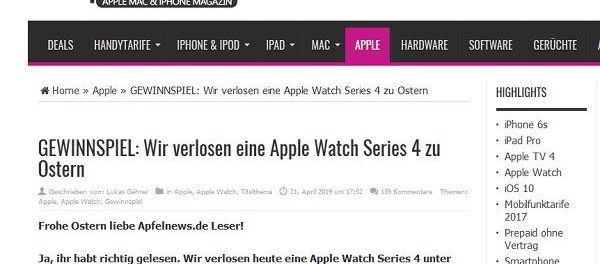 Apfelnews Oster-Gewinnspiel Apple Watch Series 4 Verlosung
