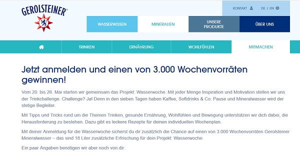 Gerolsteiner Gewinnspiel 3.000 Wochenvorräte Mineralwasser