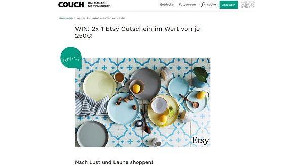 Couchstyle Gewinnspiel 250 Euro Etsy Gutscheine