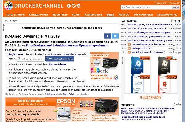 Druckerchannel Gewinnspiel Bingo spielen Drucker gewinnen