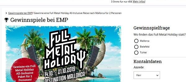 EMP Versand Gewinnspiel Full Metal Holiday Mallorca Urlaubsreise