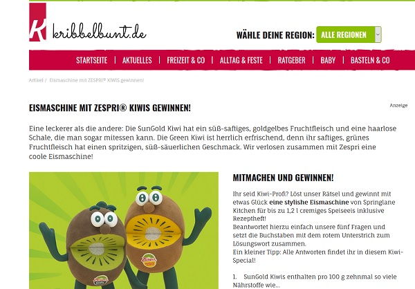 Kribbelbunt Gewinnspiel Zespri Kiwi verlost Eismaschine