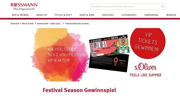 Rossmann Gewinnspiel 50 mal 2 Holi-Festival VIP-Karten