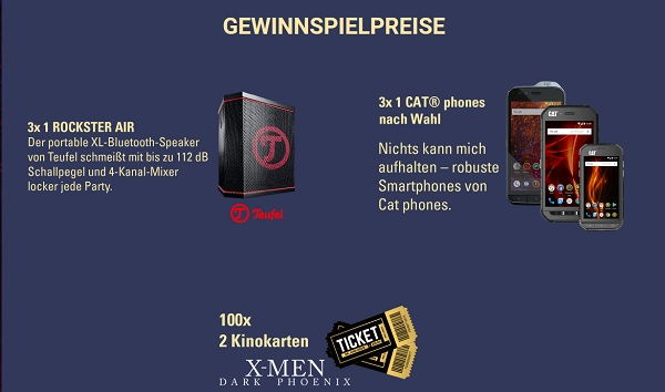 X-Men Gewinnspiel Cat Smartphone und Teufel Lautsprecher