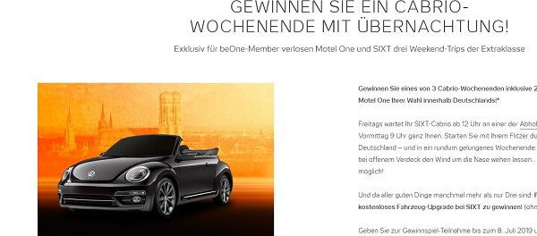 Cabrio Gewinnspiel Motel One 3 Cabrio Wochenenden mit Übernachtung