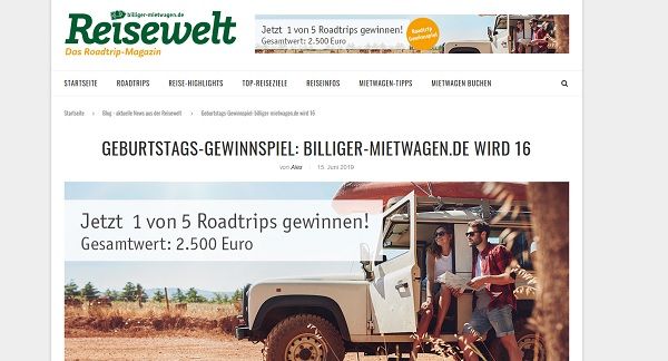 Reisewelt Gewinnspiel 5 Roadtrips Billiger-Mietwagen Gutscheine